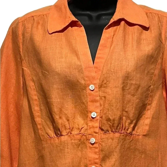 Talbots Irish Linen Tangerine Orange Womens 3/4 Sleeve Button Down Womens 12P - Picture 3 of 9